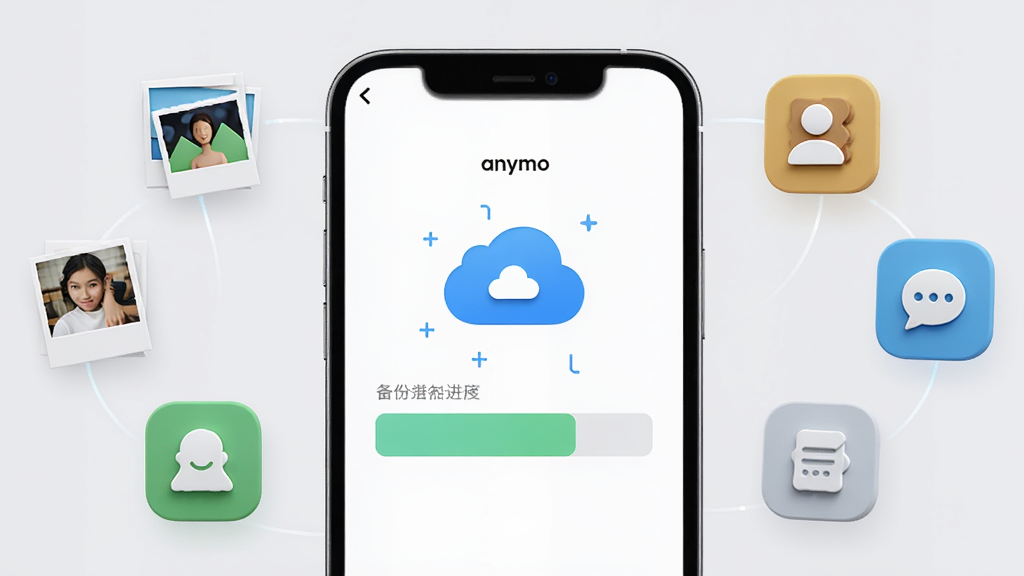 Anymo备份恢复功能展示,手机屏幕显示备份进度条和云朵图标,周围有照片、联系人等数据图标环绕,背景为浅灰色,界面简洁明了,突出数据安全概念,高清渲染,画质干净,无多余元素