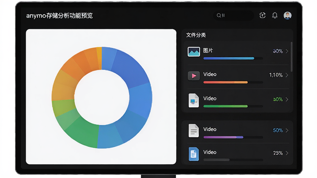 Anymo存储分析功能预览,屏幕显示彩色环形图表和文件分类列表,包括图片、视频、文档等类别,每个类别有对应的容量占比,界面采用深色主题,数据可视化效果突出,高清画质,细节丰富,无多余元素