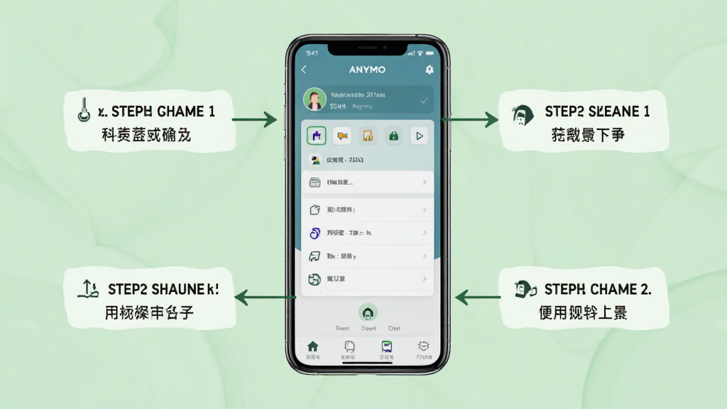 Anymo使用教程场景图,手机画面显示软件主菜单,周围有操作步骤标注,背景为浅绿色,风格简约,突出步骤指导,高清画质,无多余元素