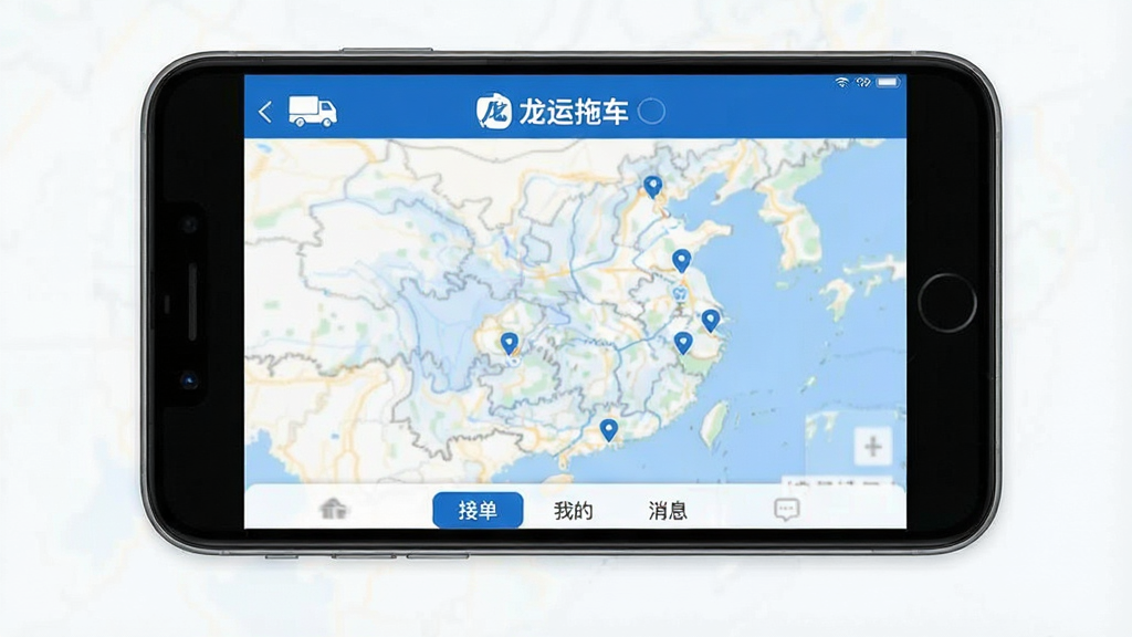 一张展示龙运拖车软件主界面的手机截图,界面风格简洁现代,顶部显示“龙运拖车”品牌标识,中间为地图派单页面,底部有“接单”“我的”“消息”等导航按钮,整体色调以蓝色和白色为主,画面清晰明亮,干净无多余元素,画质高清。