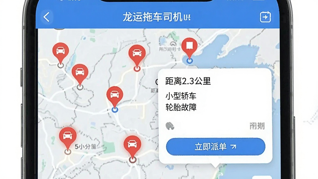 展示龙运拖车司机端APP的智能派单界面,地图上显示多个红色订单标记点,其中一个订单卡片弹出,显示“距离2.3公里”“小型轿车”“轮胎故障”等字样,司机端界面有“立即抢单”按钮,整体UI设计简洁,蓝白配色,画面干净无多余元素,画质清晰。
