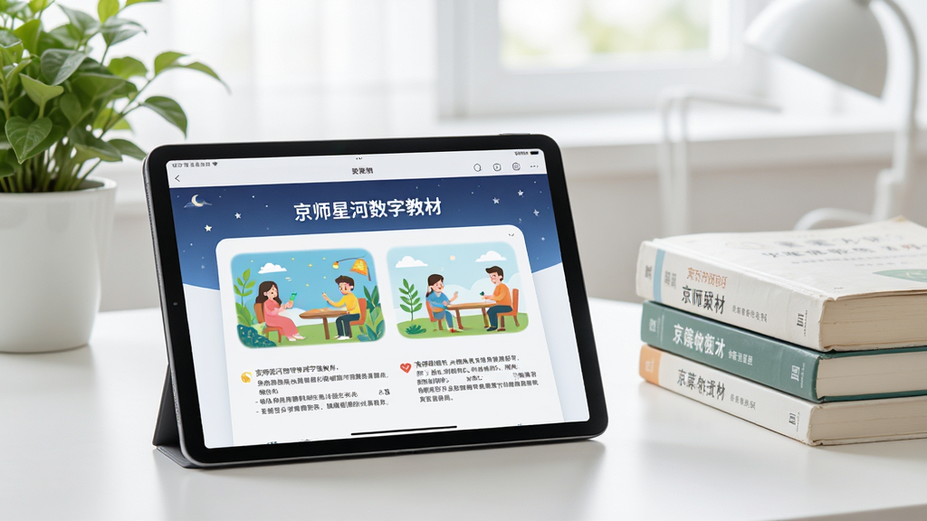 主体为打开的平板电脑,屏幕上显示“京师星河”数字教材界面,包含彩色插图和文字,旁边摆放着几本实体课本,背景为整洁的书桌和绿植,布局采用平视视角,排版清爽,风格写实明亮,细节突出屏幕内容与书本对比,画质清晰,干净无多余元素