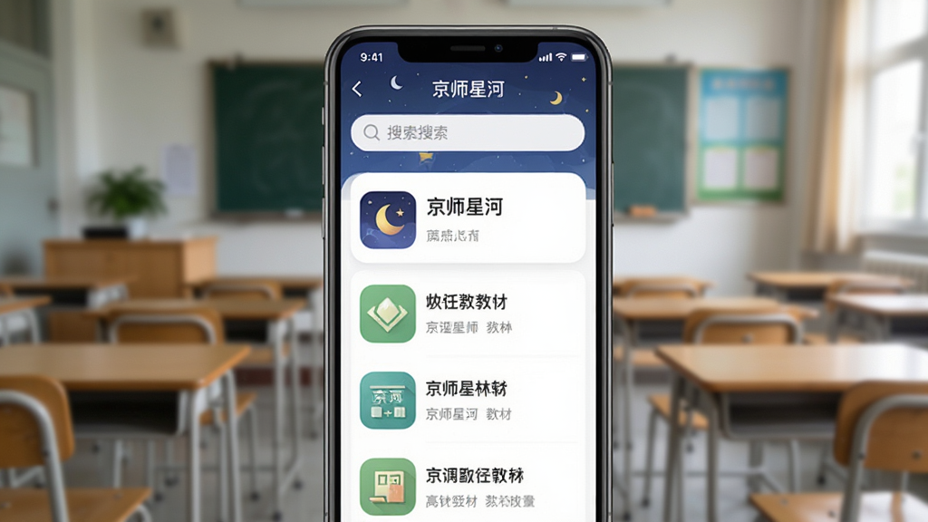 主体为一部智能手机竖屏显示“京师星河”应用界面,上方有搜索框,下方为教材列表,背景为模糊的教室环境,布局居中对称,排版简洁,风格清新自然,细节突出应用界面图标,画质干净无多余元素