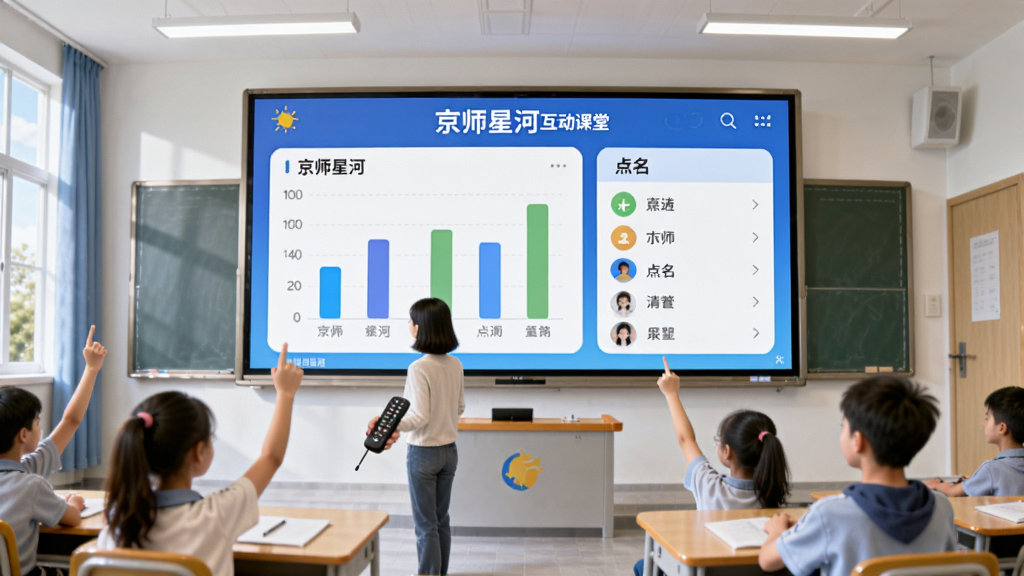 主体为教室大屏幕显示“京师星河”互动课堂界面,包含柱状图与点名列表,下方有教师手持遥控器,学生举手上台,布局采用广角视角,排版具有空间感,风格明亮活泼,细节表现屏幕内容与师生互动,画质高清,干净无多余元素