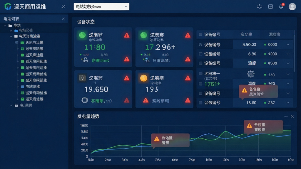 图片主体为“巡天商用运维”软件的设备监控界面截图,界面左侧是电站列表树,右侧是设备参数表格和实时曲线图。布局采用左右分栏设计,顶部为电站切换下拉菜单,中部为多台逆变器的运行状态卡片,底部为发电量趋势图。风格为扁平化数据看板,以深蓝色为底色,搭配绿色正常状态、红色告警状态图标。细节包括设备编号、功率数值、温度数据、告警弹窗。画质清晰锐利,界面干净无多余元素。