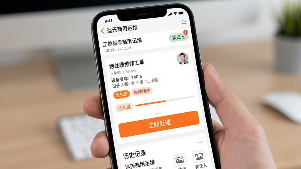 图片主体为“巡天商用运维”软件的工单处理界面,手机屏幕展示一张待处理的维修工单,包含设备名称、故障描述、优先级标签和地图定位。布局为列表式设计,顶部是工单编号和状态,中部是故障详情和操作按钮,底部是历史记录。风格为简洁的移动端UI,以白色为底色,橙色高亮显示“立即处理”按钮。细节包括时间戳、责任人头像、进度条、照片附件图标。画质高清,界面干净无多余元素。