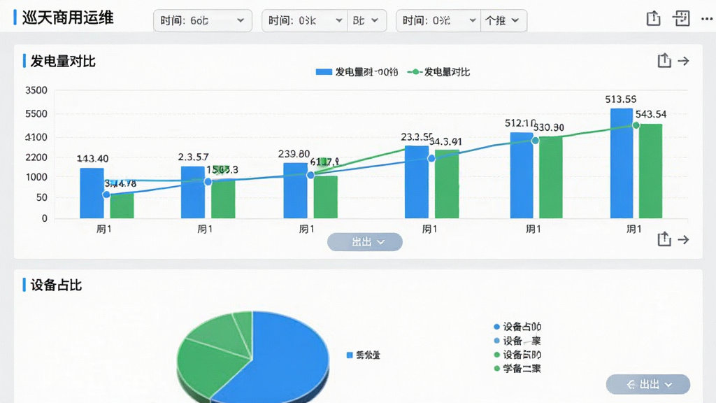 图片主体为“巡天商用运维”软件的数据报表页面,屏幕上展示柱状图、折线图和饼图,图表下方有导出按钮。布局为全屏图表展示,顶部为时间筛选标签,中部为发电量对比柱状图,底部为设备占比饼图。风格为商务数据可视化风格,背景为浅灰色,图表配色以蓝色和绿色为主。细节包括坐标轴标签、图例、数据点数值、导出图标。画质清晰,干净无多余元素。