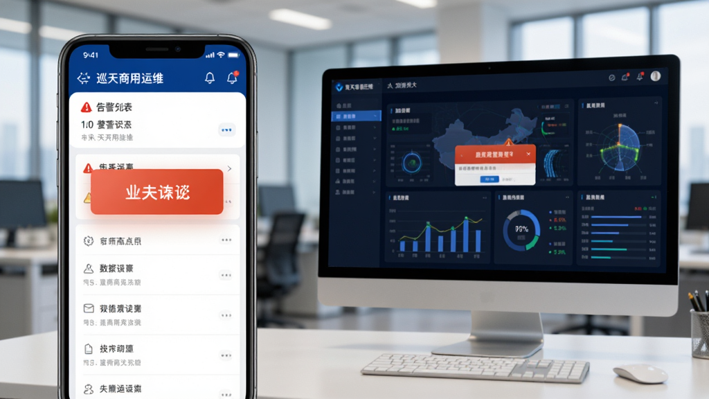 图片主体为“巡天商用运维”软件在手机和电脑上同时运行的场景,手机显示告警列表,电脑显示数据大屏。布局为左右对比构图,左侧是手机界面特写,右侧是电脑屏幕展示。风格为科技感办公场景,背景为模糊的办公室环境。细节包括屏幕内容、数据图表、告警弹窗。画质清晰,干净无多余元素。