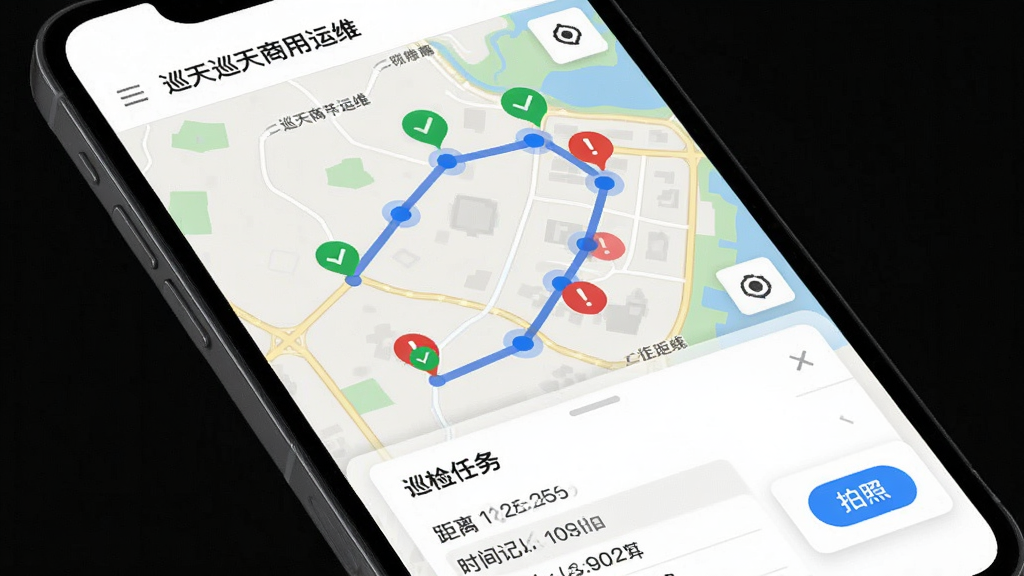 图片主体为“巡天商用运维”软件的巡检打卡界面,手机地图上显示多个巡检点标记,底部为巡检任务列表。布局为地图模式,顶部为当前任务名称,中部为带蓝色圆点的巡检路径,底部为任务详情卡片。风格为移动端GIS风格,地图为浅色底图,巡检点用绿色对勾表示已完成、红色感叹号表示异常。细节包括距离提示、时间记录、拍照按钮。画质高清,干净无多余元素。