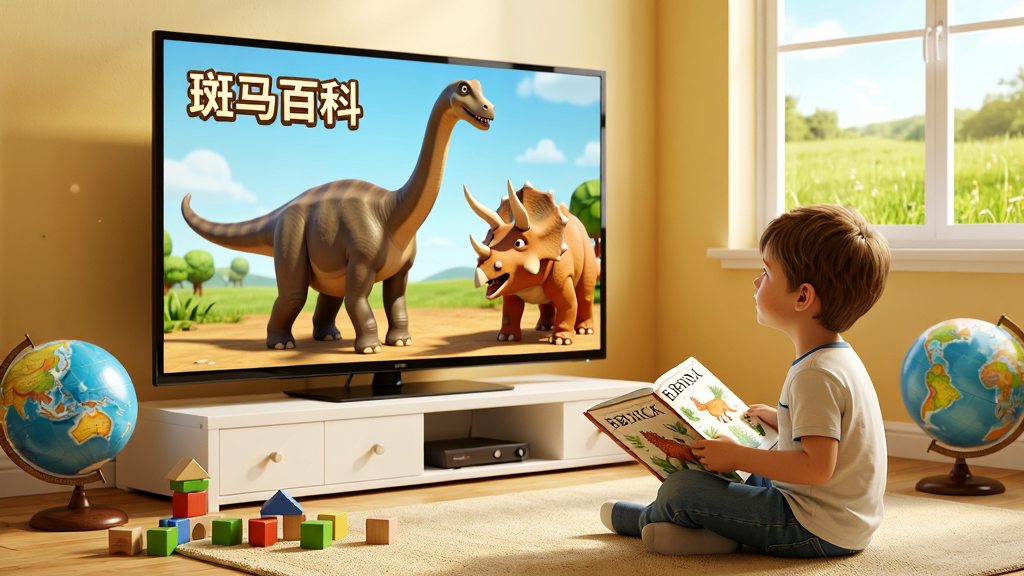 一张明亮的儿童书房场景,画面中央是一台大屏幕电视,电视上正在播放“斑马百科”的恐龙主题三维动画,画面中有逼真的腕龙和三角龙,旁边一个五六岁的小男孩盘腿坐在地毯上,仰头专注观看,手里拿着一本翻开的百科画册,周围散落着积木和地球仪,窗外是阳光明媚的草地,整体色调温暖,细节丰富,高清画质,干净无多余元素