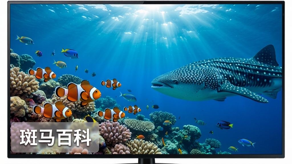 电视屏幕上正在播放“斑马百科”的海洋篇,画面是色彩斑斓的珊瑚礁,一群小丑鱼在珊瑚间穿梭,一条巨大的鲸鲨从画面右侧游过,水下的光线透过海面形成丁达尔效应,画面左下角有“斑马百科”的白色半透明logo,整体色调湛蓝清澈,细节丰富,高清画质,干净无多余元素