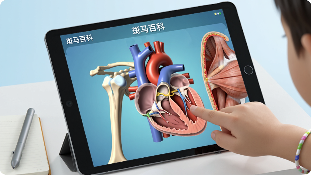 一个孩子用手指在平板电脑上缩放一个三维的“斑马百科”人体心脏模型,心脏半透明显示内部腔室与血管,周围有骨骼和肌肉的剖面,屏幕上有“斑马百科”字样,背景是简洁的浅蓝色渐变,桌面有一本笔记本和一支触控笔,画面明亮,细节丰富,高清画质,干净无多余元素