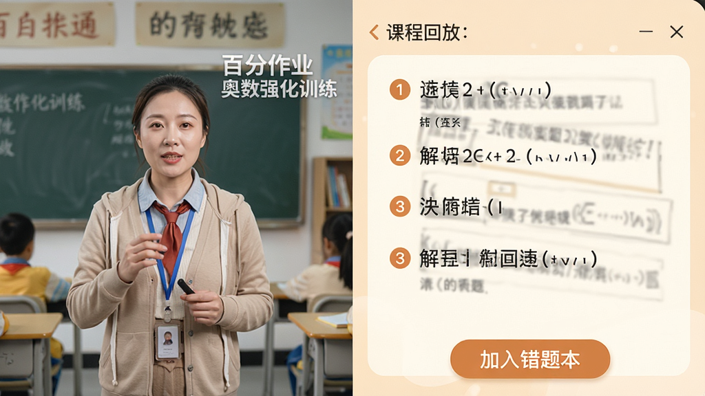 主体:视频讲解页面,左侧为老师讲解画面,右侧为解题步骤文字;布局:左右分栏,底部有“加入错题本”按钮;排版:解题步骤用序号1-2-3标出;风格:温馨色调,有课程回放列表;细节:视频窗口显示“百分作业奥数强化训练”水印,画质高清,无多余元素。