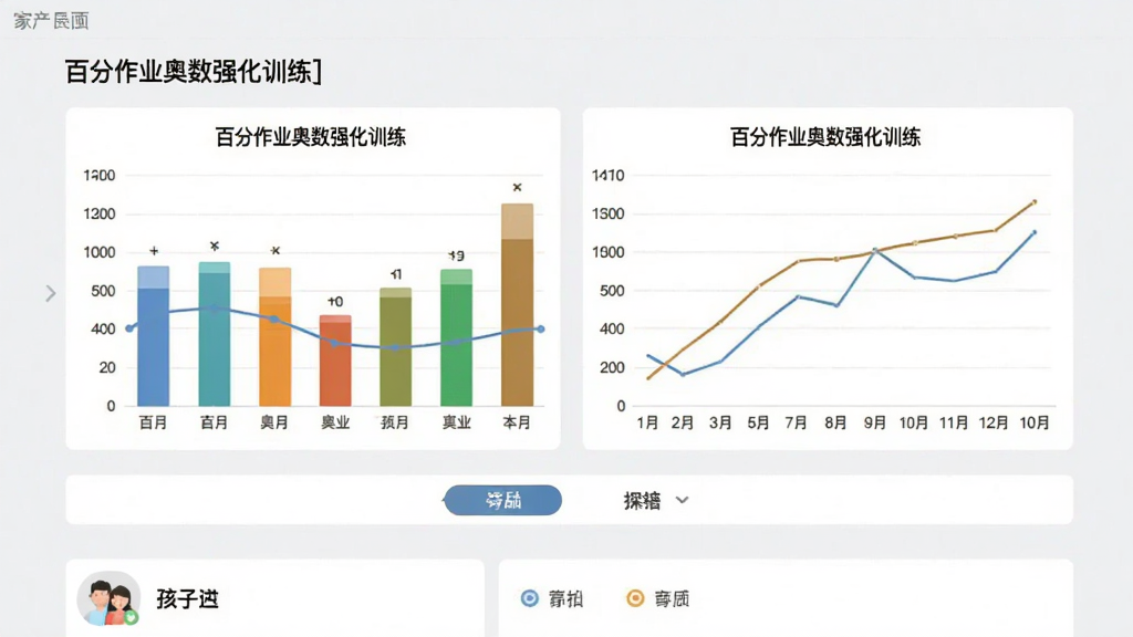 主体:家长报告页面,展示柱状图与折线图,下方有孩子列表;布局:上方为图表区,下方为切换标签;排版:数据用不同颜色区分;风格:商务简洁,浅灰背景;细节:图表标题含“百分作业奥数强化训练”,画质清晰,无多余元素。