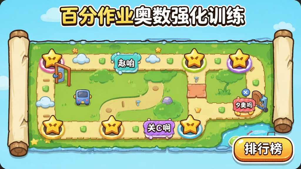 主体:趣味闯关地图,展示多个关卡节点,节点上有星星图标;布局:横向卷轴式地图,右下角有“排行榜”按钮;排版:关卡名称用彩色标签标注;风格:卡通动漫风格,色彩鲜艳;细节:地图上方有“百分作业奥数强化训练”字样,画面干净,无多余元素。