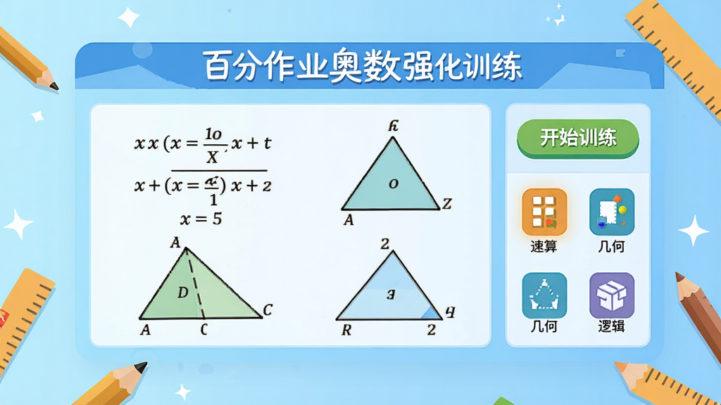 主体:百分作业奥数强化训练软件界面,展示数学公式与几何图形;布局:居中展示,背景为浅蓝色渐变,四周有铅笔、尺子等学习元素点缀;排版:界面右侧有“开始训练”按钮,下方列出“速算”、“几何”、“逻辑”等模块图标;风格:扁平化设计,色彩明快,适合学生群体;细节:屏幕上显示“百分作业奥数强化训练”字样,画质清晰,干净无多余元素。