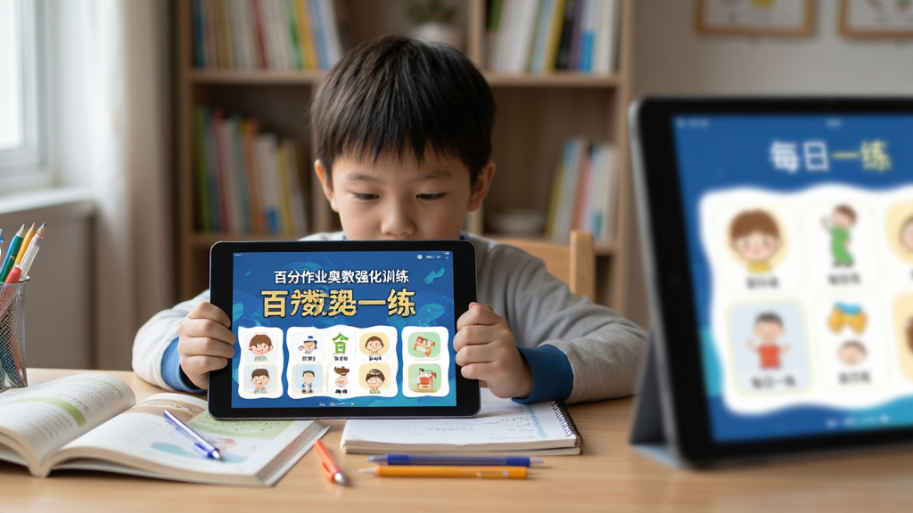 主体:孩子使用平板学习百分作业奥数强化训练的场景,桌面上摆放课本与文具;布局:孩子居中,平板朝向镜头,背景为书房;排版:画面右侧有“每日一练”界面虚化;风格:写实摄影风格,自然光;细节:平板屏幕上显示“百分作业奥数强化训练”,画质高清,干净无多余元素。