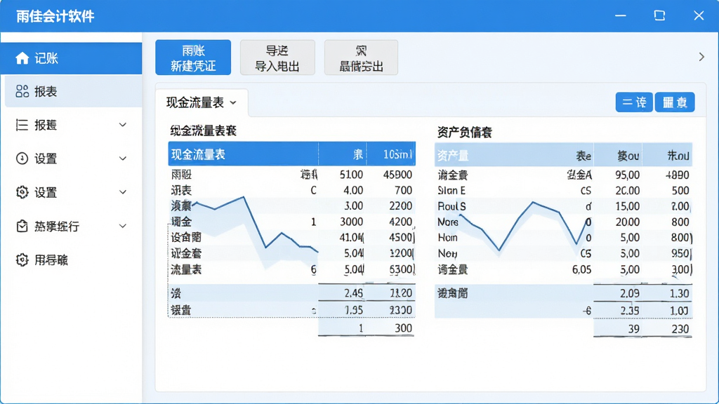 雨佳会计软件主界面展示,界面简洁明亮,左侧导航栏清晰列出记账、报表、设置等模块,中央区域显示当前账套的现金流量表与资产负债表预览,顶部工具栏包含新建凭证、导入导出等快捷按钮,整体风格现代化,色彩以蓝白为主,画质高清,干净无多余元素