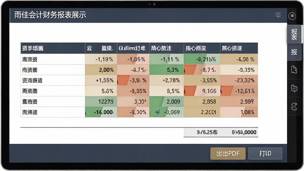 雨佳会计财务报表展示界面,屏幕中央展示一张完整的资产负债表,表格结构清晰,数据单元格用不同颜色标注盈亏情况,右侧为报表切换标签,底部有导出PDF和打印按钮,整体配色商务稳重,画质高清,干净无多余元素