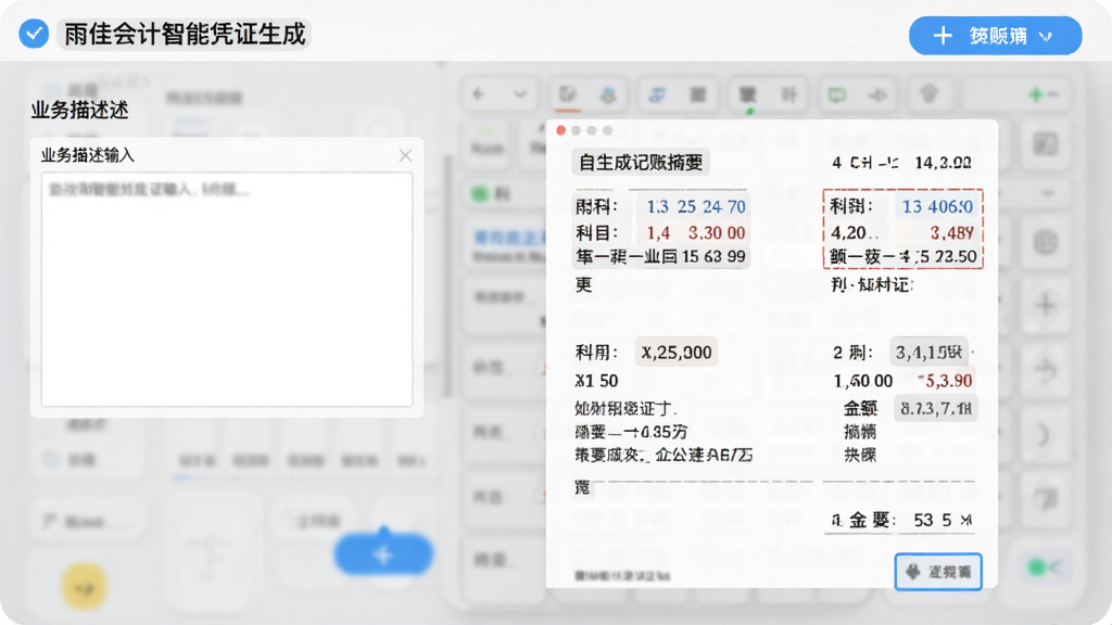 雨佳会计智能凭证生成界面,左侧为业务描述输入框,右侧实时显示自动生成的记账凭证预览,凭证上科目、金额、摘要清晰标注,背景为浅灰色工作台,配有蓝色高亮提示按钮,布局规整,画质清晰,干净无多余元素