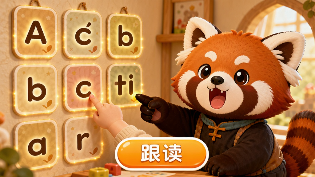 主体:一只小熊猫在拼音城堡里,墙上挂着拼音字母卡片,孩子用手指点读。布局:左侧是拼音卡片,右侧是小熊猫互动区,下方有“跟读”按钮。排版:卡片排列整齐,按钮醒目。风格:可爱卡通风格,色彩温暖。细节:字母卡片有发光效果,小熊猫嘴巴张开示意跟读。画质:高清,干净,无多余元素。
