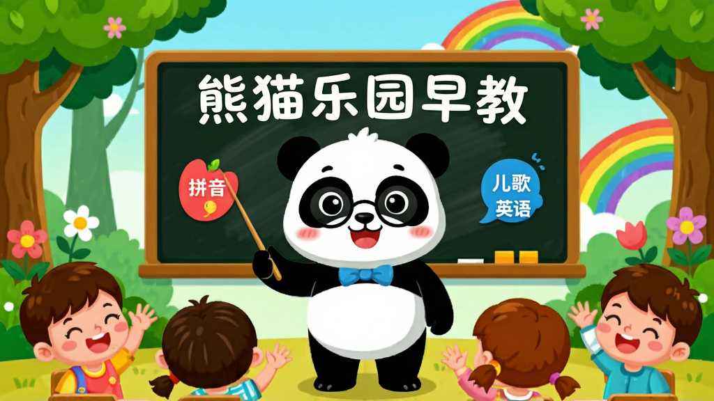 主体:一只可爱的熊猫老师正在森林教室里给小朋友们上课,黑板上写着“熊猫乐园早教”六个字。布局:熊猫位于画面中央,周围环绕着几个卡通小朋友,背景有树木、花朵和彩虹。排版:标题文字居中,下方有“拼音”“儿歌”“英语”等彩色图标。风格:明亮活泼的卡通插画风,色彩饱和度高。细节:熊猫戴着圆框眼镜,手里拿着教鞭,孩子们开心举手。画质:高清,干净,无多余元素。