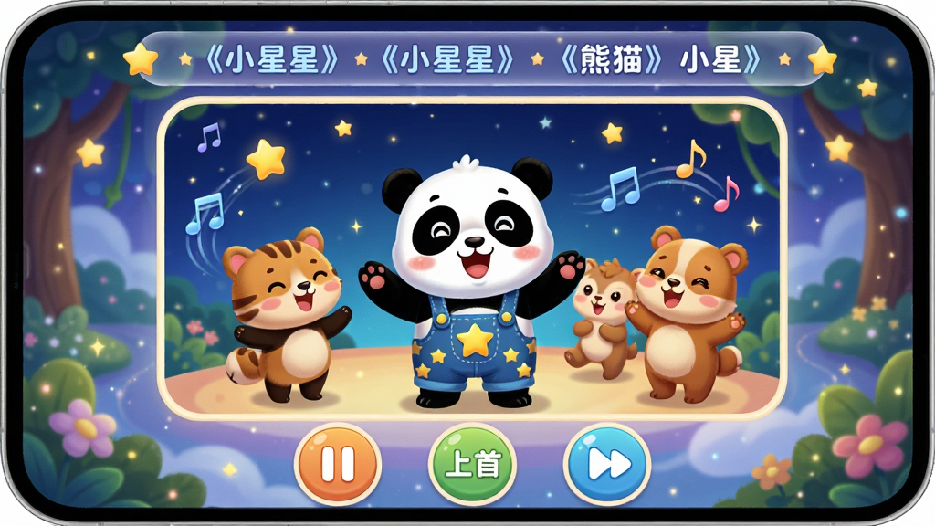 主体:熊猫乐园早教APP界面,正在播放儿歌《小星星》,画面中熊猫和小动物们一起唱歌跳舞。布局:上方是歌词滚动字幕,中间是动画视频,下方是暂停、上一首、下一首按钮。排版:字幕清晰,按钮圆润。风格:温馨梦幻的童话风,星光点缀。细节:熊猫穿着星星图案的背带裤,周围有音符飘动。画质:高清,干净,无多余元素。