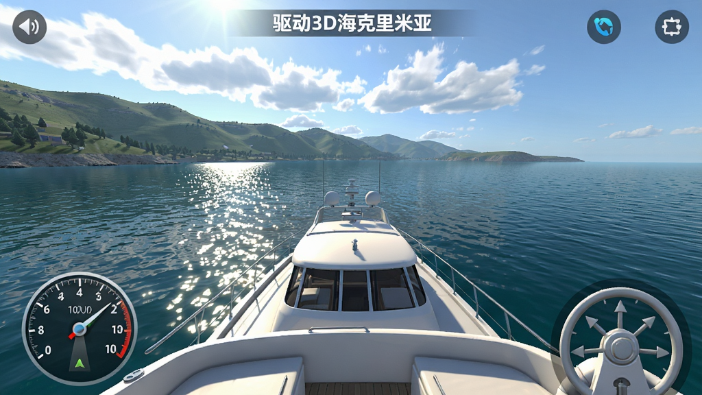 画面以“驱动船3D海克里米亚”游戏主界面为背景,一艘白色游艇行驶在阳光明媚的克里米亚黑海海面上,远处是连绵的青山与海岸线,天空有白云,海面有波光粼粼的反射效果,UI界面简洁,显示速度表与方向舵,整体风格写实3D,画质高清,干净无多余元素