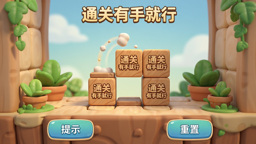 主体:《通关有手就行》游戏内关卡截图,展示一个需要移动木块解谜的3D场景。布局:游戏界面占据主画面,下方有“提示”、“重置”两个功能按钮。排版:关卡场景居中,按钮位于底部两侧。风格:精致的3D卡通渲染风格,光影柔和。细节:木块上刻有“通关有手就行”的LOGO,场景边缘有可爱的绿植装饰。画质:高清纹理,画面干净清晰,无多余UI元素。
