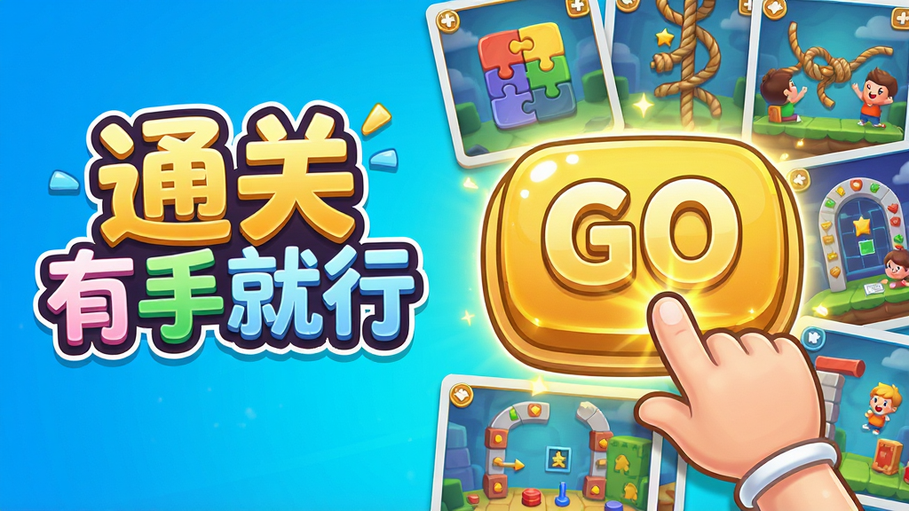 主体:《通关有手就行》手游宣传主视觉图,画面中央是一个巨大的金色“GO”按钮和一只卡通风格的手轻松点击。布局:左侧展示游戏名称“通关有手就行”艺术字,右侧为游戏内多个趣味谜题关卡的缩略图拼贴。排版:主次分明,标题醒目,缩略图环绕排列。风格:明快活泼的卡通插画风格,色彩鲜艳明亮,充满欢乐氛围。细节:画面中的按钮带有发光效果,缩略图关卡包含拼图、解绳、找不同等元素,整体传递出轻松解压的感觉。画质:4K超高清,干净整洁,无多余元素。