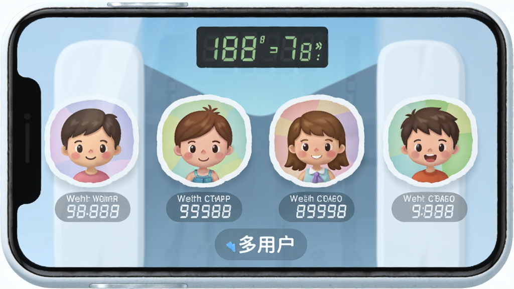 手机电子体重秤多用户界面,多个卡通头像代表不同家庭成员,每个头像下方有体重数据,界面友好,风格可爱,色彩柔和,画质干净