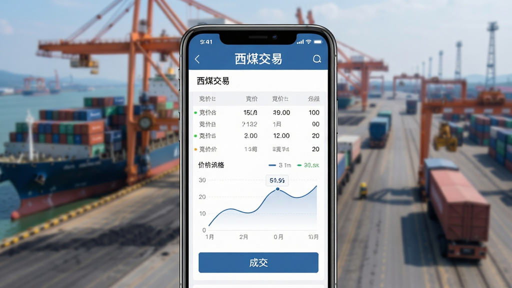 主体:手机屏幕展示西煤交易APP界面,背景是煤炭港口与运输场景,界面显示“西煤交易”字样与交易数据图表。布局:中心构图,手机屏幕占视觉主体,背景虚化处理。排版:界面元素清晰,数据图表简洁。风格:商务科技感,现代扁平化。细节:屏幕内有竞价列表、价格曲线、成交按钮。画质:高清渲染,干净,无多余元素。