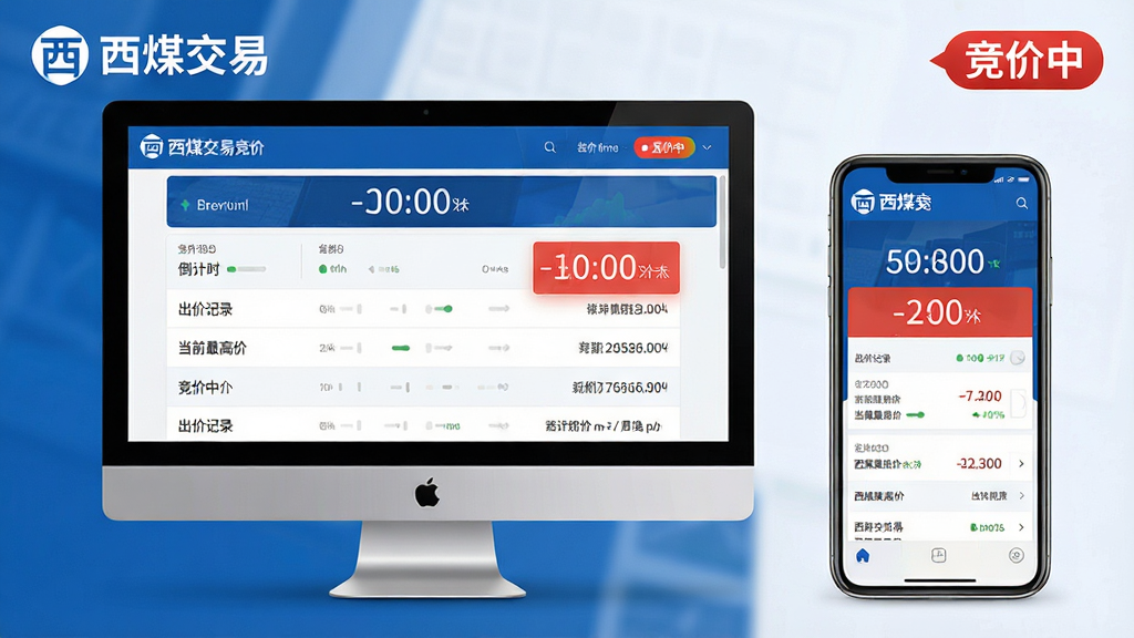 主体:电脑与手机并排展示西煤交易竞价页面,页面显示倒计时与出价记录。布局:左右对称,设备居中。排版:竞价信息列表清晰,高亮显示当前最高价。风格:专业商务,蓝色主调。细节:画面中有“西煤交易”LOGO与“竞价中”标签。画质:高清,干净,无多余元素。