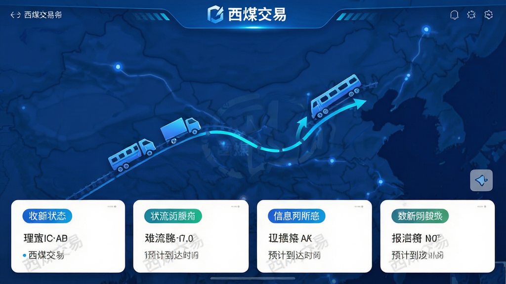 主体:西煤交易APP物流跟踪界面,地图上显示货车与火车图标,线路动态。布局:地图全屏,下方信息卡片。排版:简洁直观,状态标签醒目。风格:科技蓝风格,数据可视化。细节:有“西煤交易”水印与预计到达时间。画质:高清,干净,无多余元素。