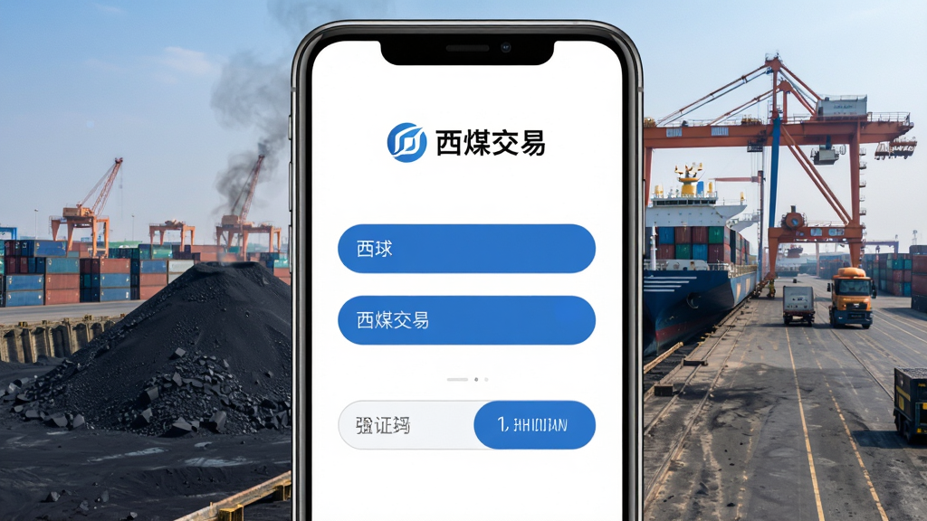 主体:手机截图展示西煤交易登录界面,背景为煤炭码头。布局:居中登录表单,上方LOGO。排版:简洁,输入框圆角。风格:商务大气,蓝白配色。细节:有“西煤交易”字样与验证码输入。画质:高清,干净,无多余元素。