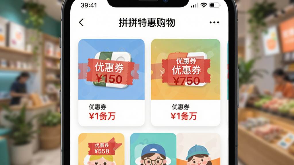 画面主体为“拼拼特惠购物”应用界面的放大特写,屏幕上用卡片形式排列着多个商品,每张卡片上都醒目地标注着“优惠券”和折扣价格。背景虚化处理,突出界面UI设计。整体排版整齐,扁平化设计风格,色彩明快,细节清晰,画质高清,干净无多余元素。