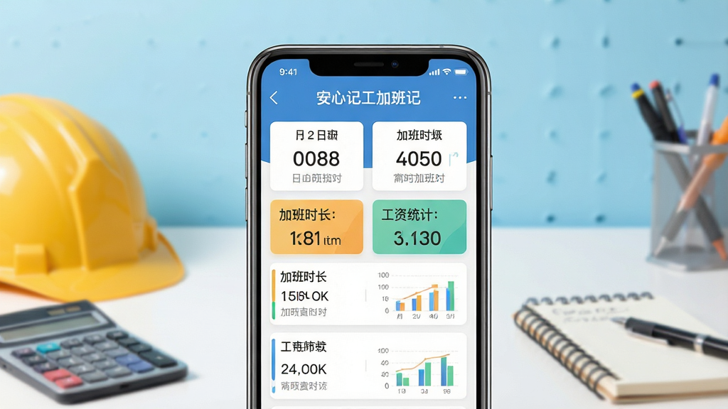 主体:一部智能手机屏幕特写,屏幕中显示“安心记工加班记”应用主界面,界面包含日期、工时、加班时长、工资统计等数据卡片。布局:手机居中,背景为简洁的浅蓝色渐变工作场景,桌面上有安全帽、计算器、记事本等元素。排版:手机屏幕内容清晰可辨,顶部显示应用名称“安心记工加班记”,下方为列表式记录条目。风格:写实与扁平化结合,色彩明亮,突出数据清晰。细节:屏幕上的数字和图表精细,背景虚化,突出手机。画质:4K超清,干净,无多余元素。