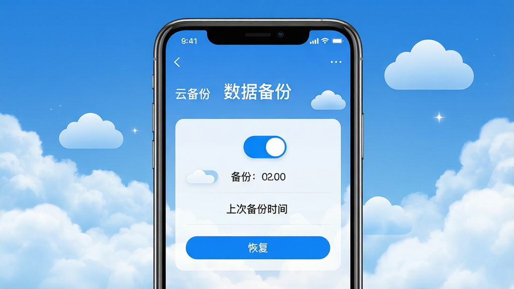 主体:手机屏幕显示“云备份”设置界面,界面中有备份开关、上次备份时间、恢复按钮。布局:手机居中,背景为蓝天白云的云端意象。排版:屏幕上方为“数据备份”标题,中间为开关按钮和状态信息。风格:极简科技风,蓝色调。细节:云朵图形点缀,开关按钮为蓝色。画质:超清,干净,无多余元素。