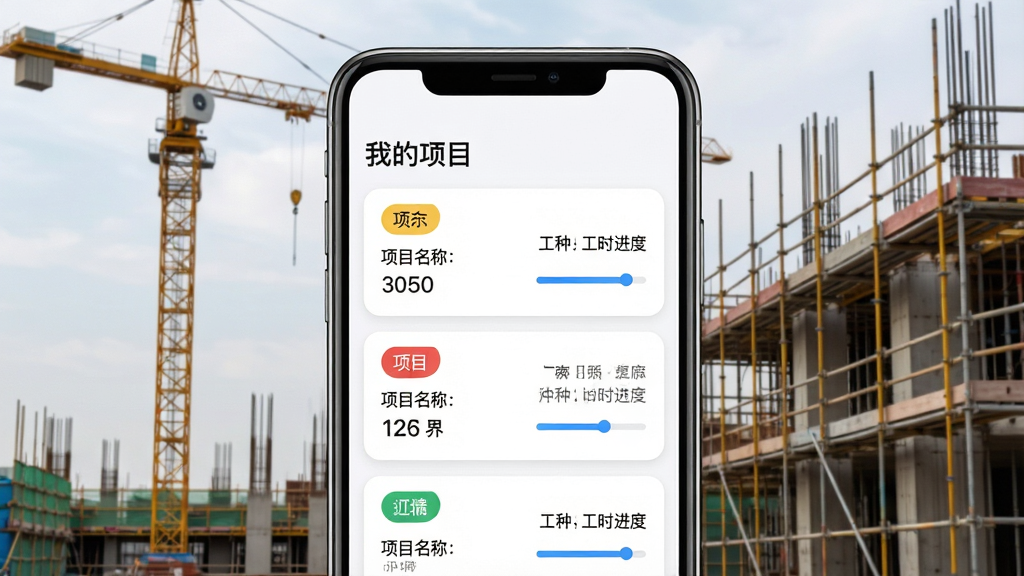 主体:手机应用界面显示“多项目管理”页面,列表中包含多个项目卡片,每个卡片显示项目名称、工种、工时进度。布局:手机屏幕居中,背景为建筑工地场景,有塔吊和脚手架。排版:屏幕顶部有“我的项目”标题,下方为卡片式列表。风格:商务简约风,卡片圆角设计。细节:每个卡片左上角有不同颜色的标签,项目进度条清晰。画质:高分辨率,干净,无多余元素。