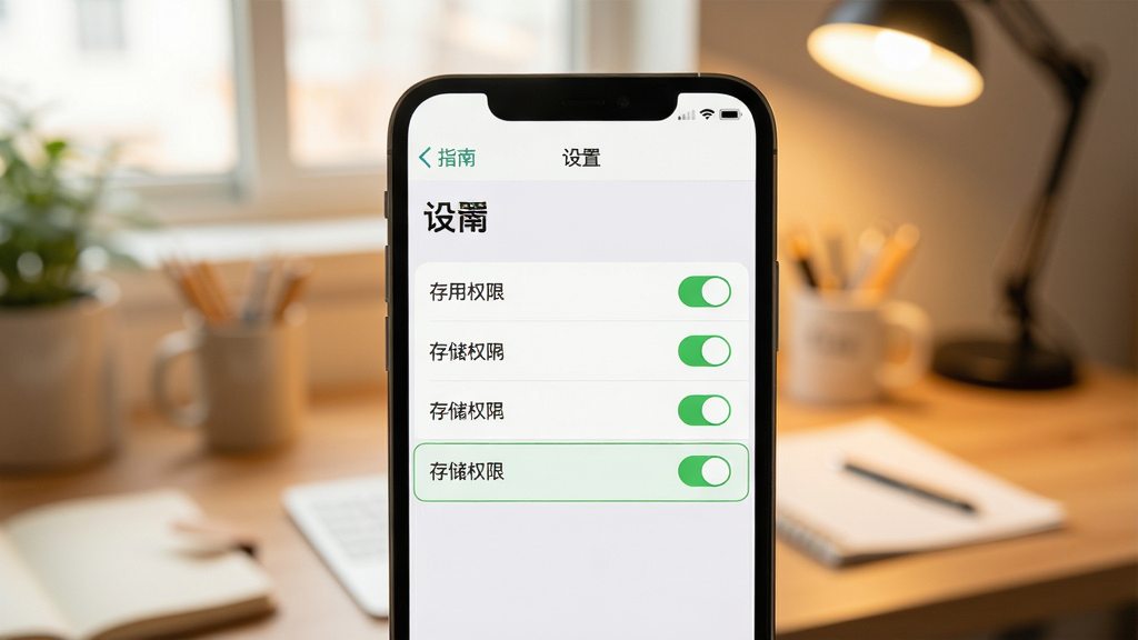 主体:手机屏幕展示“使用指南”中的设置页面,高亮显示“存储权限”开启选项。布局:手机居中,背景为温馨的室内工作台。排版:屏幕上方为“设置”标题,中间为权限列表。风格:简洁清新,浅色系。细节:权限开关为绿色。画质:清晰,干净,无多余元素。