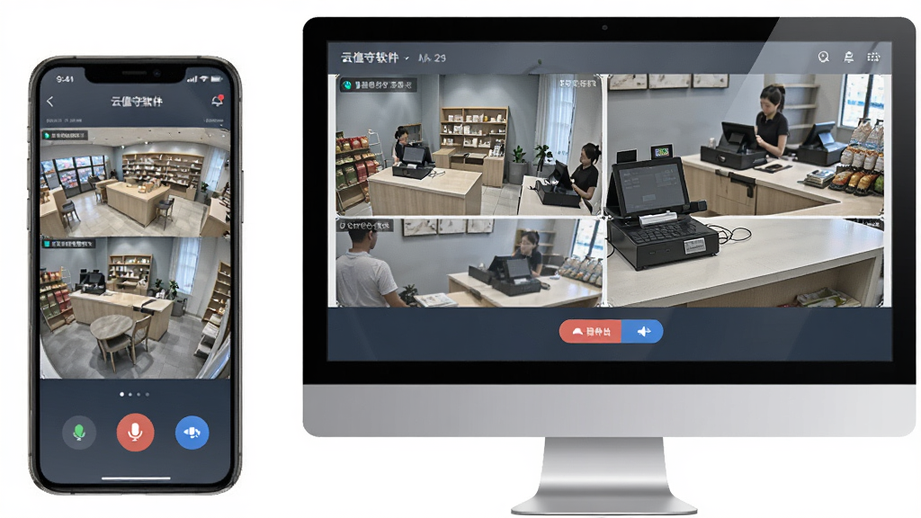 云值守软件远程值守功能预览图,画面展示手机端与电脑端同步显示店铺多个摄像头视角,界面有店铺全景图、收银台特写和语音对讲按钮,布局直观,风格商务简洁,画质清晰,无多余元素