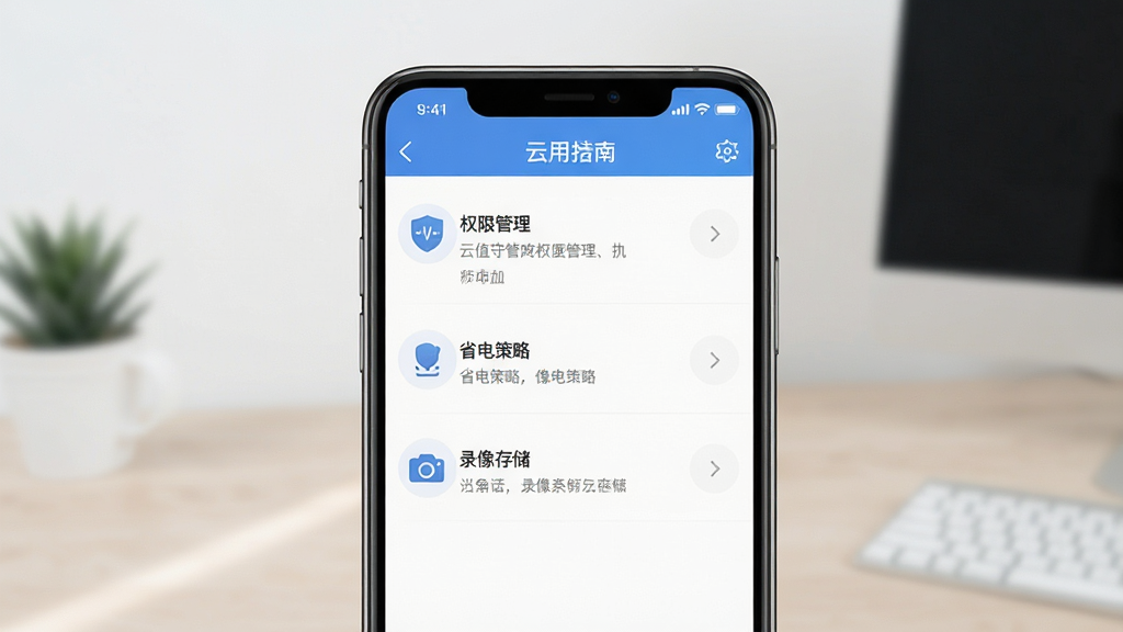 云值守软件使用指南配图,画面展示手机屏幕上的软件设置界面,包含权限管理、省电策略、录像存储等选项,布局清晰,风格简洁,画质干净,无多余元素