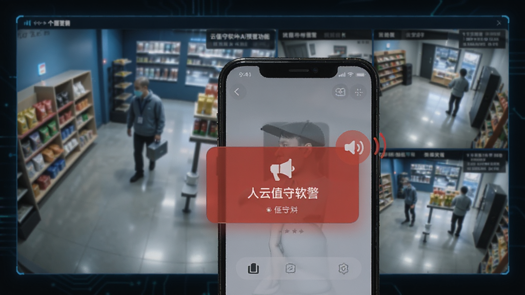 云值守软件AI预警功能示意图,画面展示店铺内摄像头捕捉到可疑行为时,手机界面弹出红色预警弹窗并伴有提示音,背景为监控画面,风格科技感强,画质干净,无多余元素