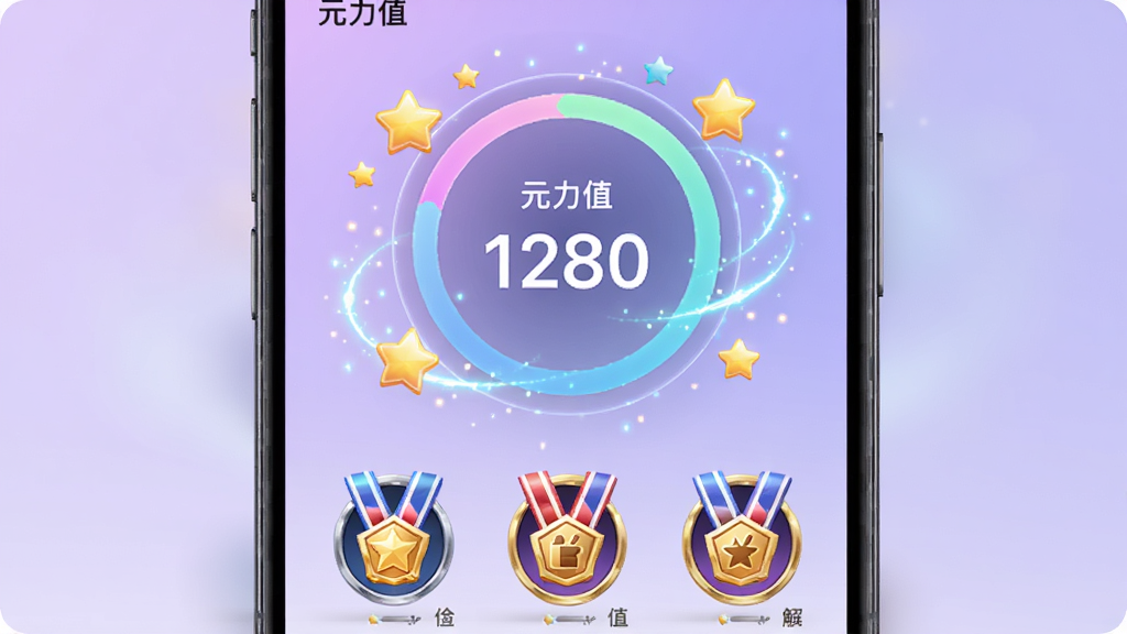 手机应用界面展示“元力值”成长进度环,数值为“1280”,周围有星星和能量粒子特效,下方排列着几个解锁的勋章图标,背景为淡紫色渐变,主体清晰,排版规整,风格活泼且富有科技感,细节包含微光效,画质高清,无多余元素