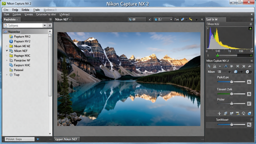 一张展示 Nikon Capture NX 2 软件主界面的图片,左侧为导航面板,中间是打开的尼康 NEF 格式风景照片,右侧显示直方图与调整工具栏,整体界面布局清晰,色调专业,图片上方有“Nikon Capture NX 2”字样,画质干净,无多余元素