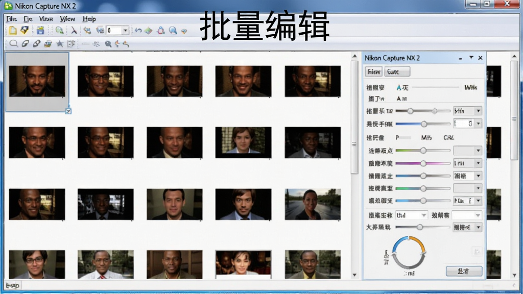 一张展示 Nikon Capture NX 2 批量处理功能的截图,界面中显示多张缩略图排列,其中一张被选中并显示调整参数面板,背景为软件主窗口,整体风格简洁专业,图片上方有“批量编辑”字样,画质干净,无多余元素