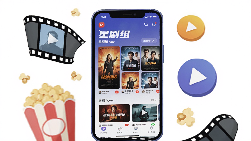 画面主体为一部正在播放精彩剧集的智能手机,屏幕中显示“星剧组”APP的首页界面,界面布局清晰,有海报墙和推荐栏目。手机周围漂浮着电影胶片、爆米花和播放按钮等元素。整体构图以手机为中心,四周留白,采用扁平化插画风格,色彩明快,细节丰富,画质干净,无多余元素。