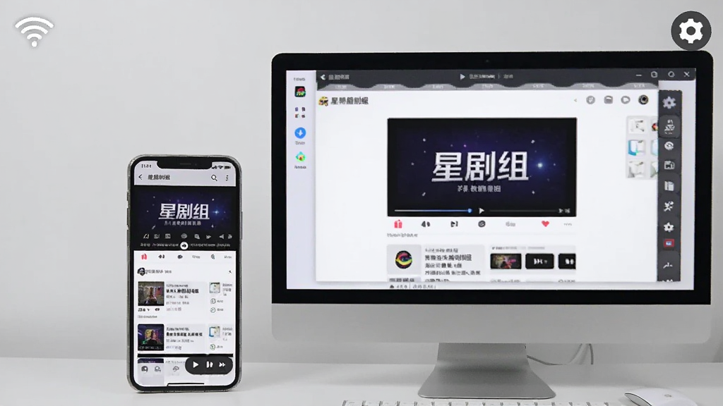 画面主体为一部手机和一台电脑并排摆放,手机屏幕显示“星剧组”的播放页面,电脑屏幕显示模拟器窗口中的星剧组界面。背景为简洁的桌面环境,带有WiFi图标和设置齿轮图标。构图清晰,采用写实风格,光线明亮,细节丰富,画质干净,无多余元素。