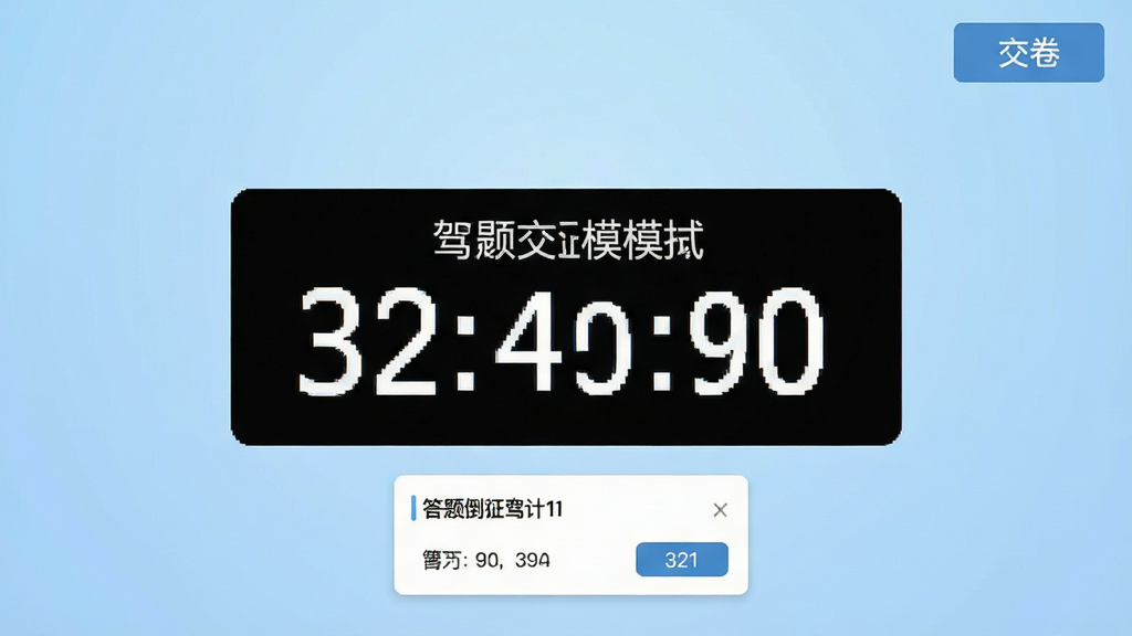 321驾证交规模拟考试界面截图,屏幕中央显示考试倒计时和答题卡,右上角有交卷按钮,背景为淡蓝色渐变,界面风格清爽简洁,文字清晰,画质细腻,无多余元素