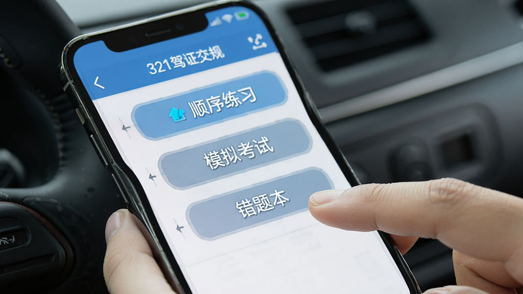 321驾证交规使用教程示意图,手机屏幕显示主菜单,包括顺序练习、模拟考试、错题本,旁边有手指点击操作,风格写实,光线明亮,画质高清,无多余元素